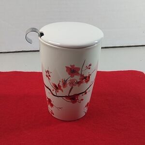 Tea Forte Tall Mug w/ Lid Red Floral Design Cottagecore Grandmacore
